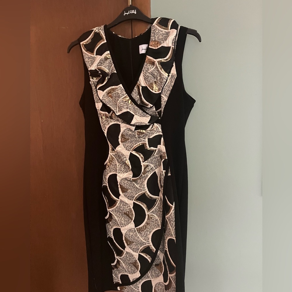 Joseph Ribkoff Midi Dress Size 14 Faux Wrap Front with Sparkle Solid Black Back